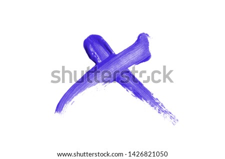 Bright liquid lipstick smear in the form of a check mark isolated on a white background. Cosmetic product stroke. Yes sign for checkbox. Violet color