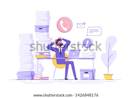 Tired and exasperated office worker is grabbed his head among piles of papers and documents. Stress in the office. Rush work. Modern vector illustration. Royalty-Free Stock Photo #1426848176