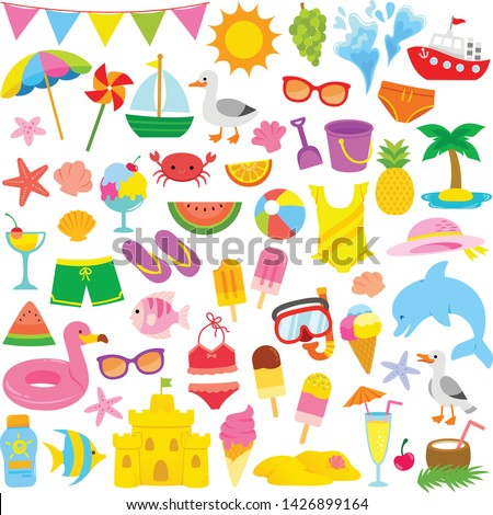 Summer and beach clip art set with cute illustrations for kids