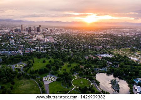Aerial drone photo - Skyline of Denver, Colorado at sunset from City Park	
