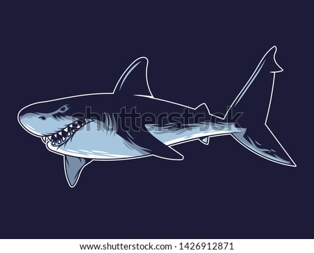 Big angry hungry dangerous shark animals predator fish in deep ocean sea with sharp teeth retro vintage style cartoon character
vector isolated illustration drawing. Poster sticker print design banner