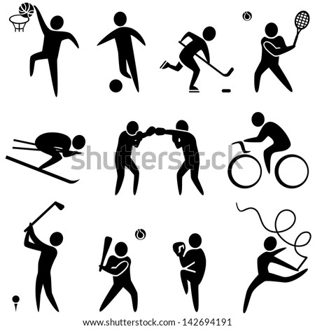 Set of sports icons: basketball, soccer, hockey, tennis, skiing, boxing, wrestling, cycling, golf, baseball, gymnastics. Vector illustration