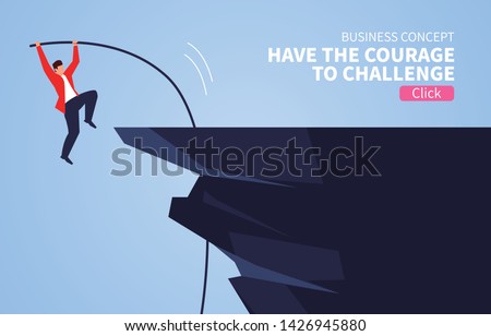 Courageous challenge, businessman pole vault jumping cliff Royalty-Free Stock Photo #1426945880