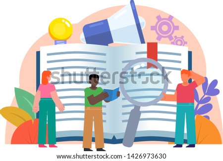 Self education concept. Students stand near big book preparing for exams. Poster for social media, web page, banner, presentation. Flat design vector illustration