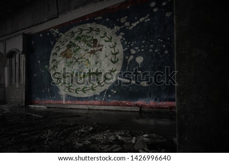 painted flag of belize on the dirty old wall in an abandoned ruined house. concept