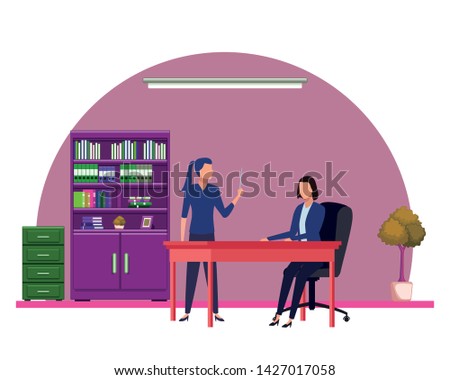 business business people businesswoman holding a wand and businesswoman sitting on a desk with speech bubbles avatar cartoon character indoor with hanging lamp, bookshelf, file cabinet and plant pot
