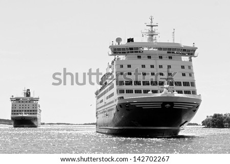 A huge ferries on the way from Mariehamn (Finland) to Stockholm (Sweden) - Black and White