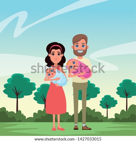 family avatar father with beard holding a baby and mother with bandana holding a baby profile picture cartoon character portrait
