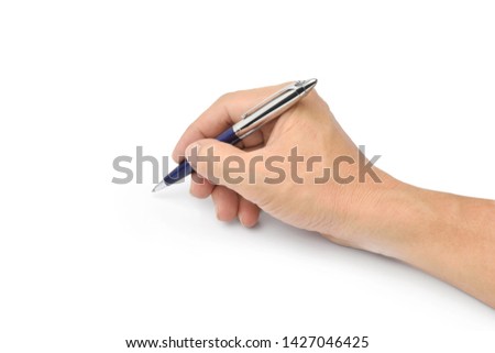 Close-up male hand writing with a pen, Hand holding Luxury ballpoint pen, isolated on white background with clipping path.