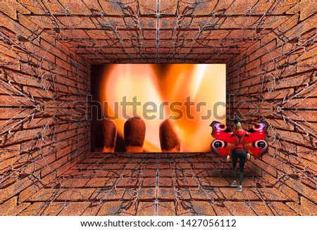 Kaleidoscopic gradient 3D view of old tunnel with butterfly girl, brick wall, hot fire and dry ivy
