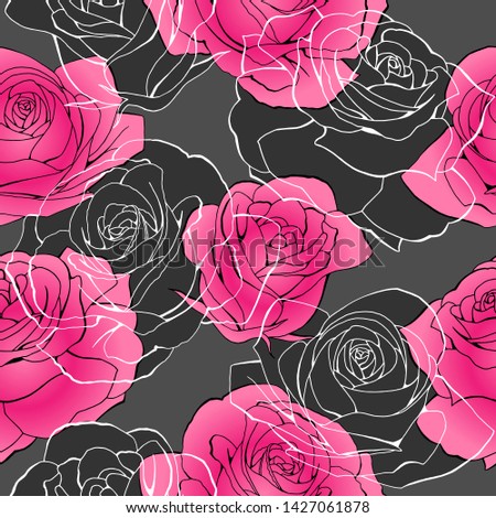 Elegant pink rose flower bouquets contour elements vector seamless pattern on dark gray. Happy mother day, womens day, girls birthday, Valentines. Gift box paper, textile, linen, dress print design