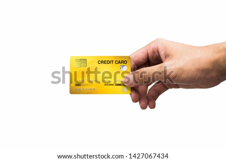 Right hand holding credit card isolated on white