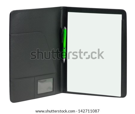 a black open writing case including a white writing pad and ballpen