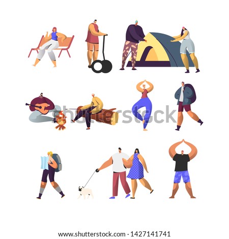 People Active Lifestyle Set. Male and Female Characters in Summer Camp, Touristic Hiking, Riding Hoverboard, Doing Yoga Outdoors, Walking with Pet, Exercising in Park. Cartoon Flat Vector Illustration