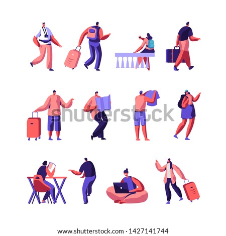 Set of Diverse Young People with Luggage and Maps Traveling and Stay in Hotel or Hostel. Male, Female Tourist Characters Staying at Night, Accommodation for Travelers. Cartoon Flat Vector Illustration