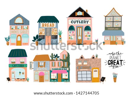 Collection of cute house, shop, store, cafe and restaurant isolated on white background. Flat vector illustration in trendy scandinavian style. Hand drawn. European city