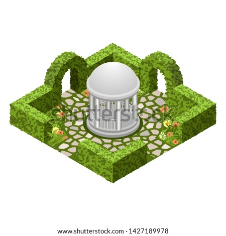 Isometric garden landscape scene. Topiary garden bushes, flowers and grass, paved walks, rotunda. To design garden in classic style  for cartoon or game asset. Isometric view, vector illustration