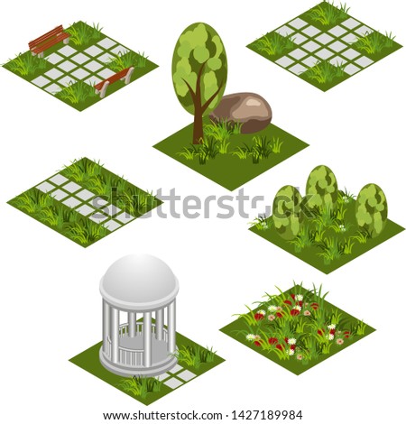 Garden isometric tile set. Isolated isometric tiles to design garden landscape scene. Cartoon or game asset with grass, trees,  flowers, paved walks,  rotunda. Vector illustration