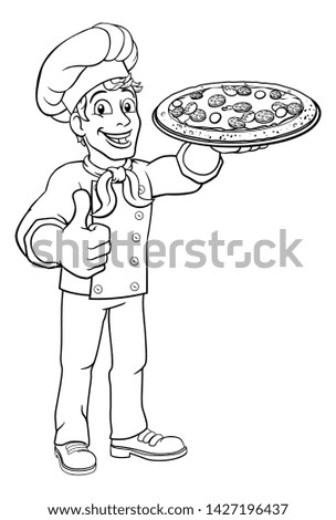 A chef holding a plate of pizza and giving a thumbs up cartoon