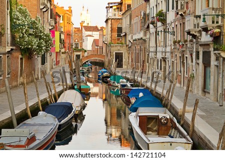 Dorsoduro is the most picturesque district of Venice at morning, Italy. Royalty-Free Stock Photo #142721104