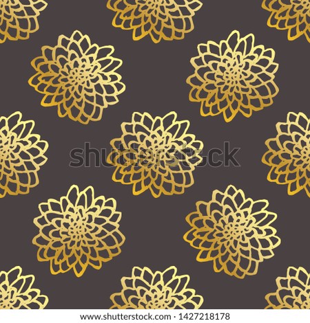 Seamless pattern with handdrawn chrysanthemums. Golden flowers on black background. Suitable for packaging, wrappers, fabric design. illustration