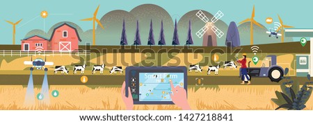 Vector illustration of eco smart farming management with internet of thing system (IOT).Farmer hold/use tablet devices to monitoring,settle farm activites and conect to selling data or selling on line Royalty-Free Stock Photo #1427218841