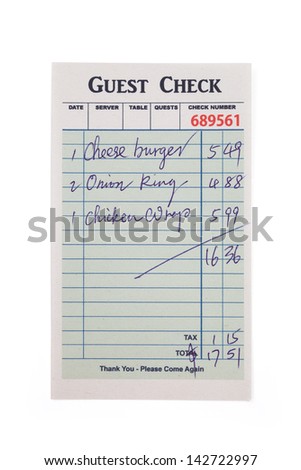Guest Check, concept of restaurant expense. Fake Guest Check,  Royalty-Free Stock Photo #142722997