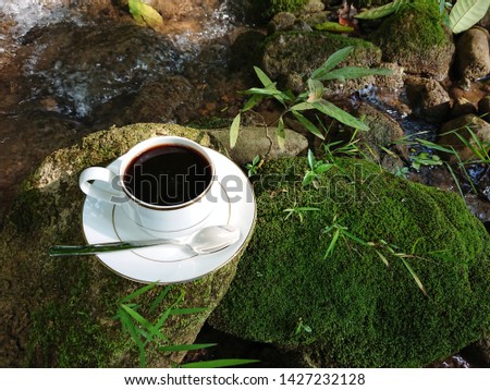 White coffee cup with spoon on the rock in the waterfalls, The combination of coffee in the nature concept.