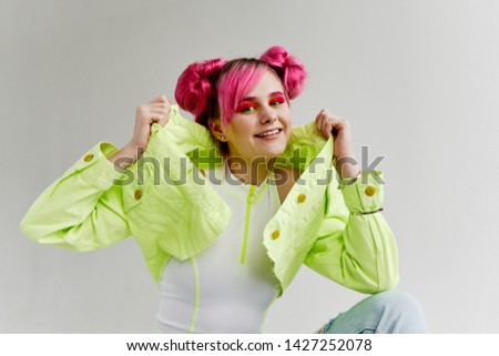 woman with pink hair makeup smile fashion