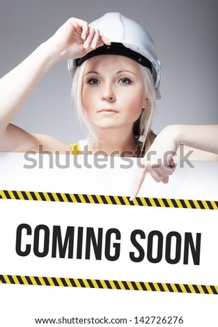 Coming soon sign on template board with worker woman