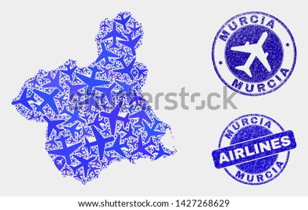 Aircraft vector Murcia Province map mosaic and grunge stamps. Abstract Murcia Province map is organized of blue flat scattered aircraft symbols and map locations. Flight plan in blue colors,