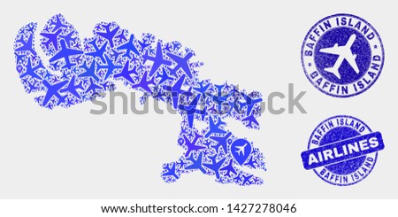 Aircraft vector Baffin Island map mosaic and scratched seals. Abstract Baffin Island map is created with blue flat randomized aircraft symbols and map locations. Delivery scheme in blue colors,