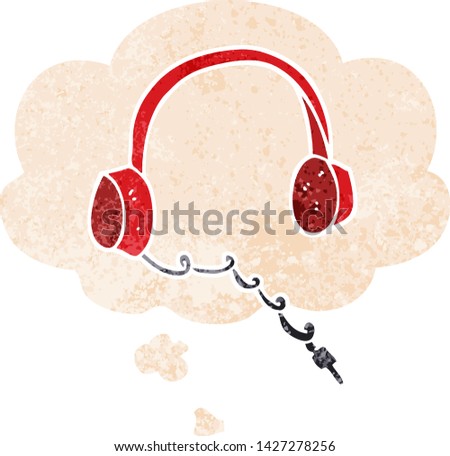 cartoon headphones with thought bubble in grunge distressed retro textured style
