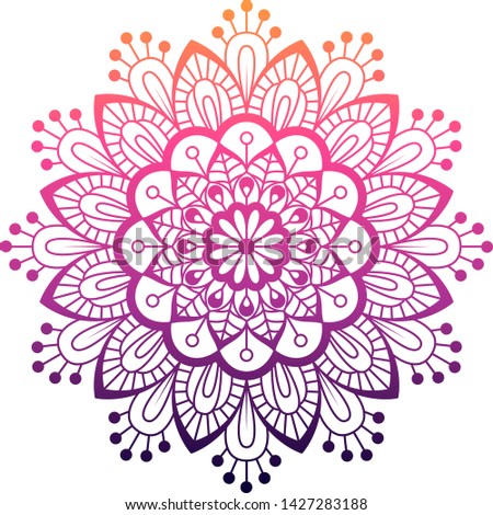  Round gradient mandala on white isolated background. Vector boho mandala in pink colors. Mandala with floral patterns. Ethnic mandala with colorful tribal ornament. Isolated. Vector illustration.