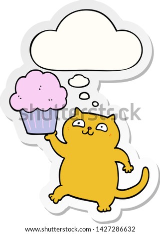cartoon cat with cupcake with thought bubble as a printed sticker