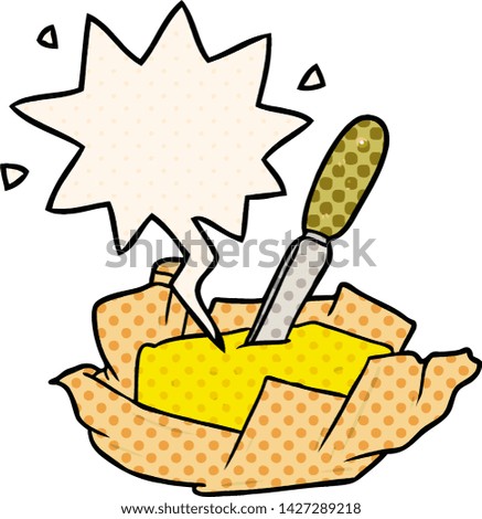 cartoon traditional pat of butter with knife with speech bubble in comic book style