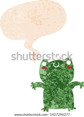 cartoon frog with speech bubble in grunge distressed retro textured style