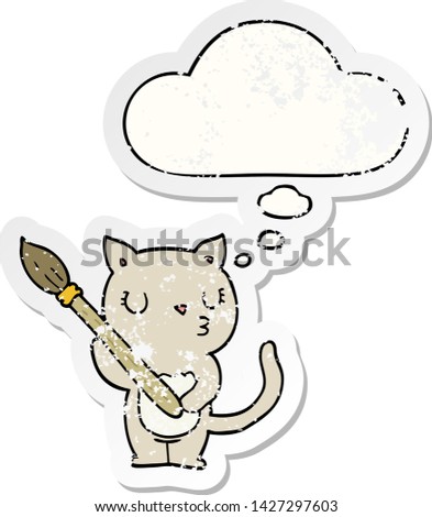 cute cartoon cat with thought bubble as a distressed worn sticker