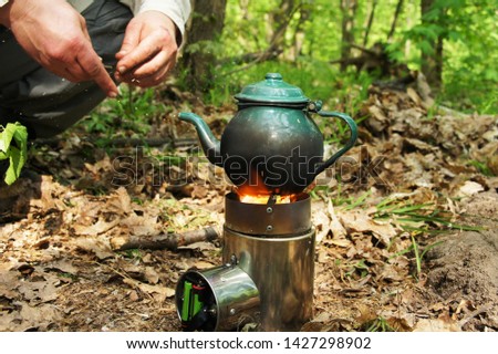 
Photo of a small camp stove that teapot warms during a hike in the spring in the forest 