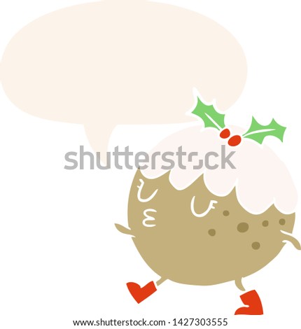 cartoon christmas pudding walking with speech bubble in retro style
