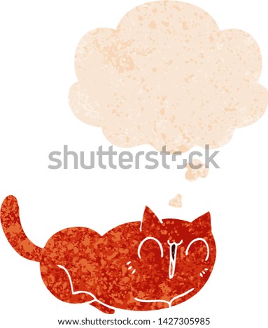 happy cartoon cat with thought bubble in grunge distressed retro textured style