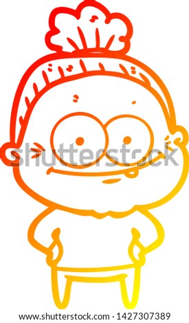 warm gradient line drawing of a cartoon happy old woman