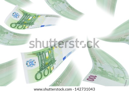Deformed euro banknotes in flight on a white background.
