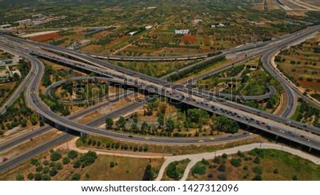 Aerial photo of multilevel junction road leading to Athens International airport, Eleftherios Venizelos, Attica, Greece