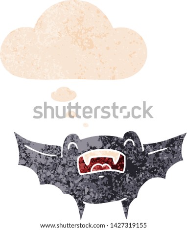 cartoon vampire bat with thought bubble in grunge distressed retro textured style
