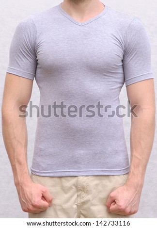 T-shirt cotton on a Young Man Template Athletic body sportsman torso front view