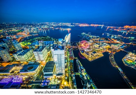 Asia Business concept for real estate and corporate construction - panoramic modern city skyline aerial view of Yokohama under sunset in Yokohama, Japan