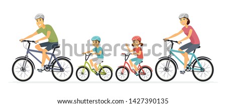 Parents and children cycling - cartoon people characters illustration on white background. Mother, father with kids going on a ride on bicycles, having a good time. Family, healthy lifestyle concept