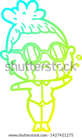 cold gradient line drawing of a cartoon crying woman wearing spectacles