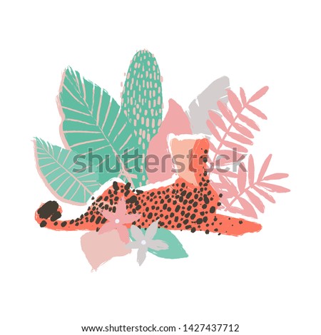 Graphic lying cheetah surrounded by exotic plants. Vector african art drawn with rough brush in gentle colors